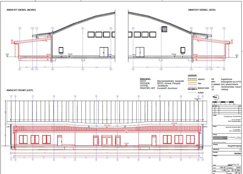 Anbau-Pläne: Die Erweiterung der Löcknitzhalle ist in der Skizze rot gezeichnet. Quelle: Bauamt Gemeinde Grünheide